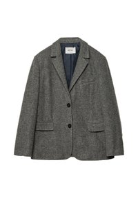 Blazer grigio in lana con due tasche frontali, rever a pattina e chiusura a un bottone. Presenta un rivestimento azzurro liscio.