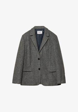 Grauer Wollblazer mit zwei vorderen Taschen, einem Reverskragen und einem Ein-Knopf-Verschluss. Mit glattem blauen Futter.