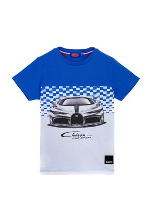 T-shirt blu a maniche corte con grafica di un'auto nera, motivo a scacchi e testo "Chiron Pur Sport". Realizzato in morbido tessuto di cotone.
