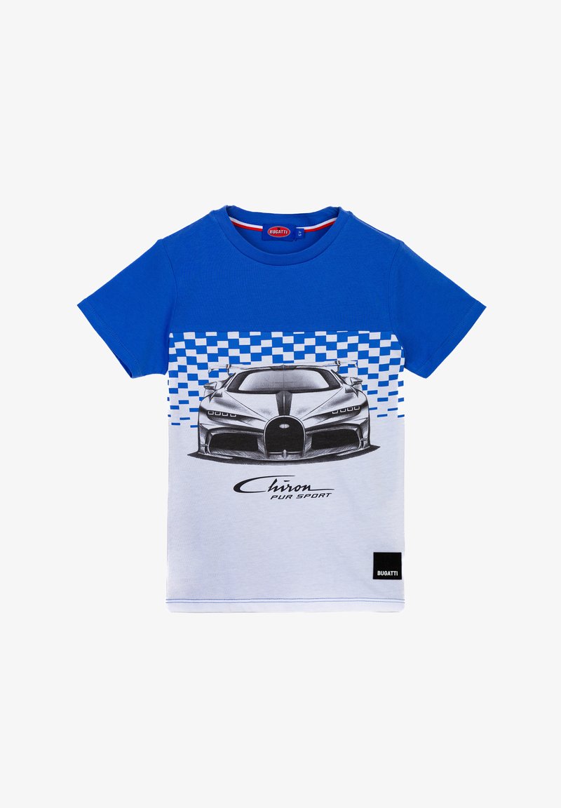 T-shirt blu a maniche corte con grafica di un'auto nera, motivo a scacchi e testo "Chiron Pur Sport". Realizzato in morbido tessuto di cotone.