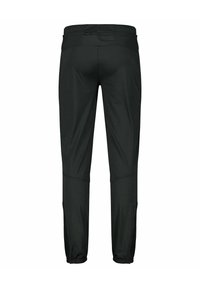 Schwarze Sporthose mit einem Reißverschluss am Gesäßtasche, schmal zulaufenden Beinen und elastischen Bündchen. Hergestellt aus leichtem, glattem Stoff.