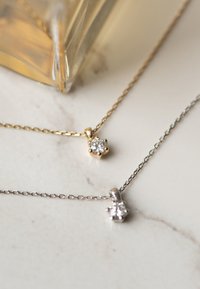 Twee delicate kettingen samen tentoongesteld. De ene heeft een gouden ketting met een ronde diamanten hanger; de andere heeft een zilveren ketting met een soortgelijke hanger.