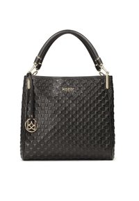 Borsa a tracolla nera con un motivo geometrico, materiale in similpelle, manici doppi, accessori in tonalità oro e un portachiavi decorativo.