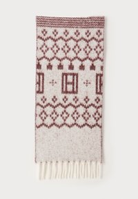 Écharpe en mélange de laine dans un crème clair avec un motif géométrique texturé en bourgogne, des bords frangés et une finition lisse et douce.