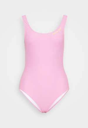 Einteiliger Badeanzug in zartem Pink, mit dünnen Trägern und Rundhalsausschnitt. Zeigt ein kleines gelbes Logo auf der Brust. Glatte Textur.