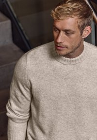 Hellbeige gestrickter Pullover mit rundem Ausschnitt und Rippenbündchen, der eine weiche Textur aufweist. Die Passform wirkt lässig und gemütlich.