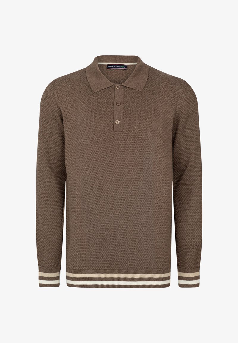 Brązowa dzianinowa koszula polo z teksturowanym wzorem, z klasycznym kołnierzykiem, zapięciem na trzy guziki oraz paskami w kolorze kremowym i beżowym na mankietach.