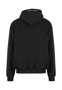 Sudadera con capucha negra de mangas largas, con puños y dobladillo acanalados. Presenta el texto verde "KARL KANI" en la parte posterior. Textura suave y lisa.