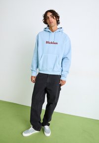 Light blue hoodie with front pocket and red "Dickies" logo, paired with black relaxed-fit pants and sneakers featuring a blue leopard print.