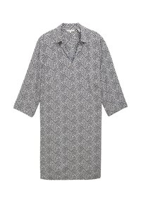 Schwarz-weißer gemusterter Shirt mit Dreiviertelärmeln, Kragen und lässiger Passform. Hergestellt aus leichtem Stoff mit glatter Textur.