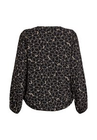 Musta pitkähihainen paita, jossa on beigen sävyinen kukkakuosi, pyöreä kaula-aukko ja hieman kaareva helma, sekä gathered-yksityiskohtia hihoissa.