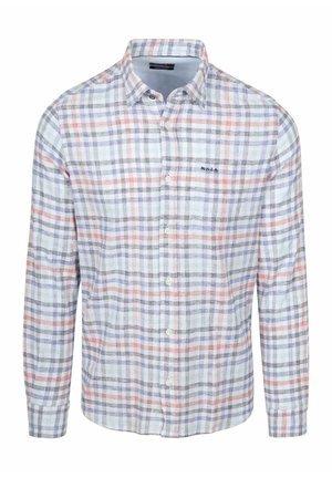 Herenoverhemd met lange mouwen en knopen, met een blauw, grijs en rood ruitpatroon en kraag, met een klein geborduurd logo op de borst.