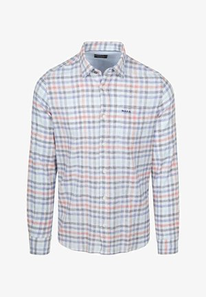 Herenoverhemd met lange mouwen en knopen, met een blauw, grijs en rood ruitpatroon en kraag, met een klein geborduurd logo op de borst.