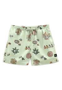 Shorts de bain vert menthe ornés de divers motifs colorés, comprenant des fleurs, un symbole de paix et des dessins ludiques. Taille élastique avec cordon de serrage.