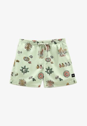 Mintgroene zwembroek met diverse kleurrijke afbeeldingen, waaronder bloemen, een vredessymbool en speelse ontwerpen. Elastische tailleband met trekkoord.