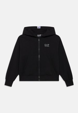 Sweat à capuche noir zippé avec poches avant, logo EA7 Emporio Armani sur la poitrine et capuche attachée.