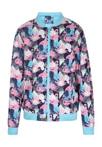 Bomberjacke mit navyfarbenem Grund, verziert mit pinken Flamingo- und tropischen Blattmustern, hellblauen Akzenten und einem Reißverschluss vorne.
