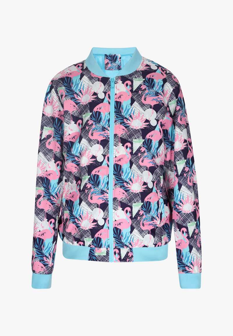 Bomberjakke med en marineblå base, mønstre af pink flamingoer og tropiske blade, lyseblå detaljer og en frontlynlås.