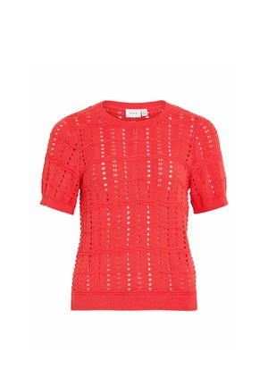 Pull rouge à manches courtes en tricot avec un motif ajouré et un col rond, étiquette "VILA" sur le col.