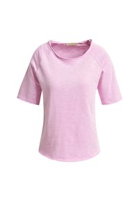 Light pink short-sleeve t-shirt made of soft fabric with a rounded neckline and loose fit. Features a slight texture and casual design.
