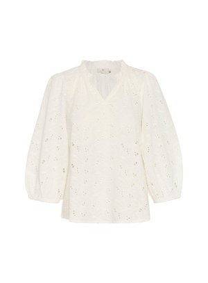 White blouse with a v-neck, gathered neckline, and puff sleeves. Features eyelet embroidery with floral patterns and a lightweight texture.