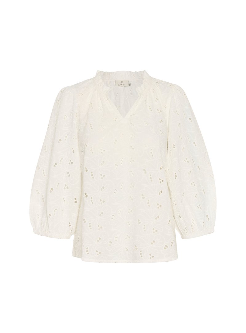 White long-sleeve blouse with eyelet floral pattern, ruffled collar, and v-neckline, featuring slightly puffed sleeves with elastic cuffs.