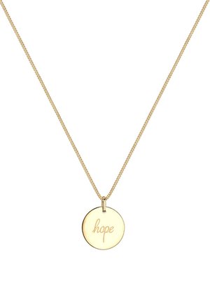 Collier en or avec un pendentif circulaire gravé du mot "espoir". La chaîne est fine et texturée, mettant en valeur le pendentif.