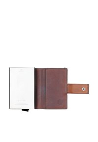 Portafoglio in pelle marrone con protezione RFID, dotato di chiusura a scatto, tre scomparti per carte e un interno argentato per una buona organizzazione.