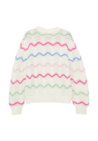 Pull en crochet avec un motif en vagues dans des tons de rose, bleu, vert et blanc. Il comporte un col et des poignets côtelés, avec une coupe décontractée.