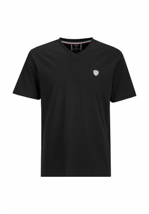 T-shirt noir en coton avec col en V et manches courtes. Présente un petit logo brodé sur la poitrine gauche. Texture lisse, coupe classique.
