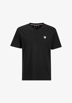 Schwarzes Baumwoll-V-Ausschnitt-T-Shirt mit kurzen Ärmeln. Verfügt über ein kleines, gesticktes Logo auf der linken Brust. Glatte Textur, klassischer Schnitt.