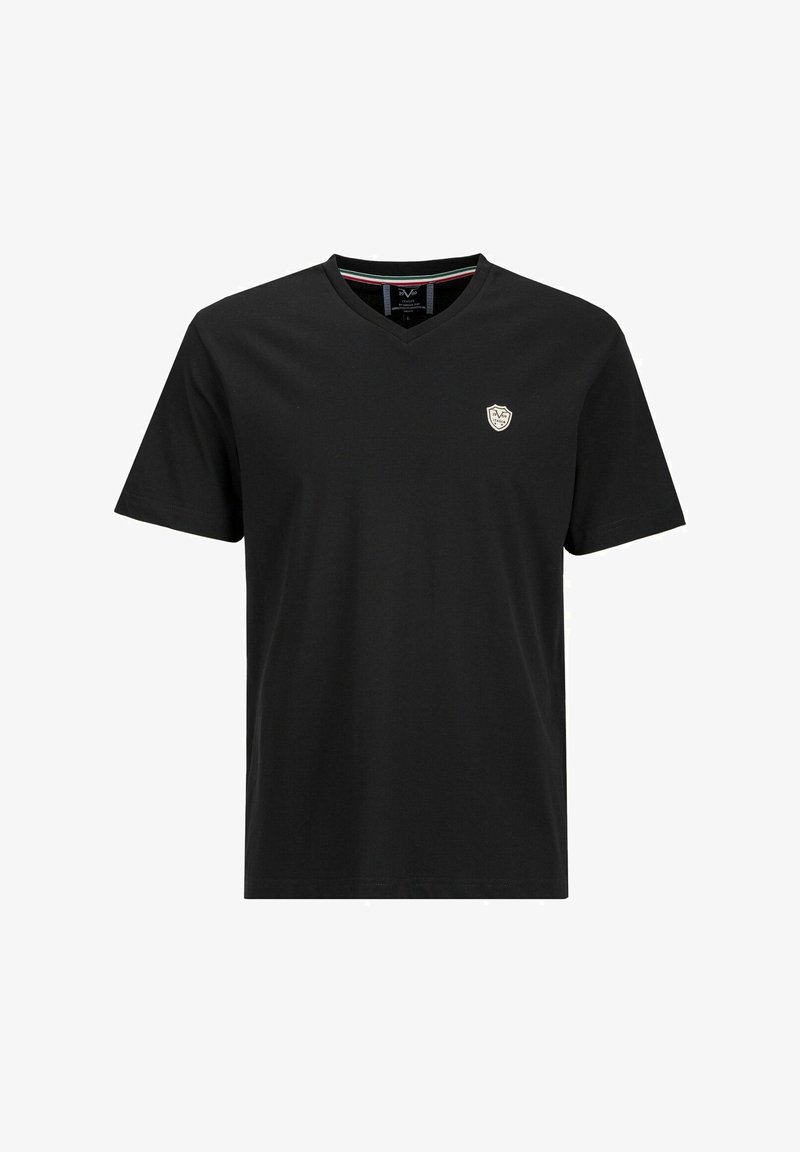 Schwarzes Baumwoll-V-Ausschnitt-T-Shirt mit kurzen Ärmeln. Verfügt über ein kleines, gesticktes Logo auf der linken Brust. Glatte Textur, klassischer Schnitt.