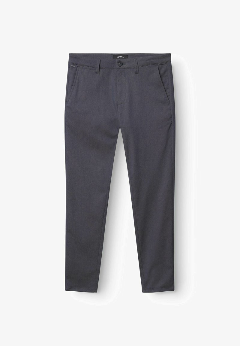 Dunkelgraue Hose aus glattem Material, mit Knopfverschluss,Gürtelschlaufen und zwei seitlichen Taschen. Taillierte Passform.