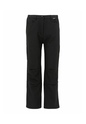 Schwarze gerade geschnittene Hose mit Fronttaschen, Gürtelschlaufen, verstärkten Knieeinsätzen und Knopfverschluss an der Taille.
