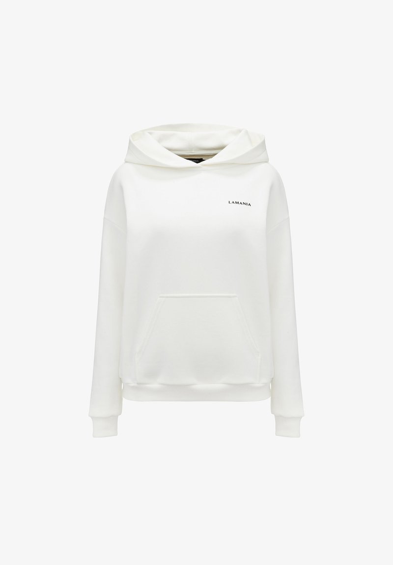 Fehér kapucnis pulóver, kenguruzsebbeli, a mellrészen fekete betűkkel a "LAMANIA" felirattal. Puha, sima anyag.
