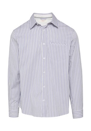 Camicia buttons-up con righe verticali blu e bianche, maniche lunghe, colletto classico e una singola tasca sul petto lato sinistro.