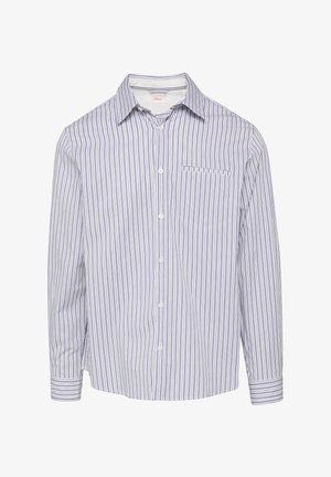 Chemise à boutons avec des rayures verticales bleues et blanches, à manches longues, col classique et une poche poitrine unique du côté gauche.