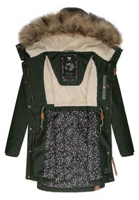 Green parka jacket with a fur-lined hood, fleece interior, and a patterned black lining. Features adjustable drawstrings and button closures.