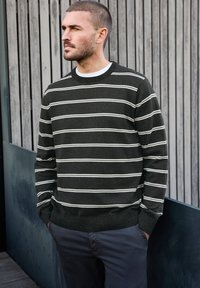 Donkergroen trui met witte horizontale strepen, ronde hals, geribde manchetten en onderrand. Draag over een wit T-shirt, gecombineerd met donkere broeken.