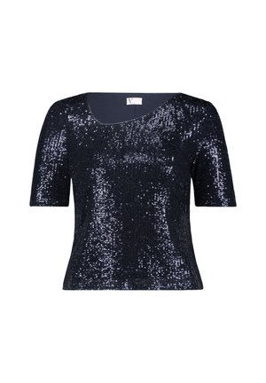 Korte mouwen top in donker marineblauw, bedekt met pailletten voor een reflecterende textuur; de ronde halslijn en de strakke pasvorm versterken het elegante ontwerp.