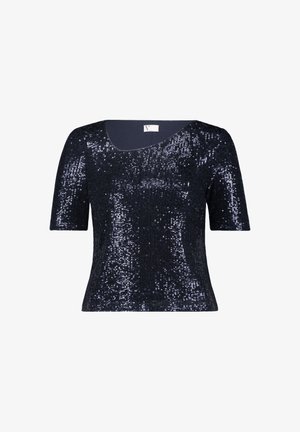Korte mouwen top in donker marineblauw, bedekt met pailletten voor een reflecterende textuur; de ronde halslijn en de strakke pasvorm versterken het elegante ontwerp.