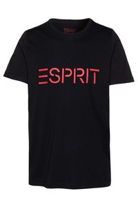 Black short-sleeve cotton t-shirt with red "ESPRIT" logo text centered on the chest.