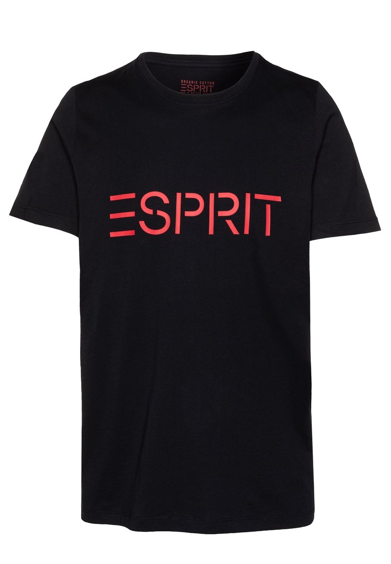 Black short-sleeve cotton t-shirt with red "ESPRIT" logo text centered on the chest.