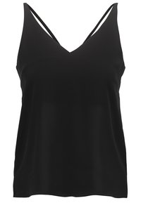 Svart ärmlös topp med V-ringning, tillverkad av ett mjukt tyg, med tunna axelremmar och en avslappnad passform.