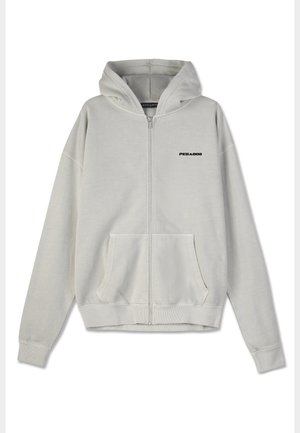 Light gray zip-up hoodie made of soft fabric, featuring a front kangaroo pocket and a black logo on the chest. Includes a hood and ribbed cuffs.
