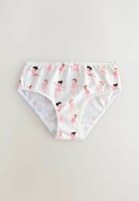 Culotte en coton blanc avec un motif de danseuses de ballet colorées. Elle présente une bordure en dentelle à volants et un petit nœud central à la taille.