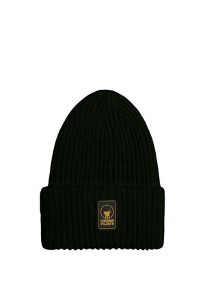 Berretto nero a coste con risvolto, caratterizzato da una patch con logo giallo Ciesse Piumini al centro davanti.