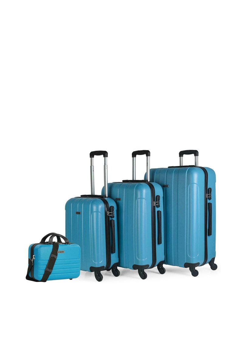 Cuatro maletas rígidas azules de diferentes tamaños: grande, mediana, pequeña y un bolso de mano. Cuentan con acentos negros y asas retráctiles en cada una.