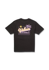 Zwarte katoenen t-shirt met een kleurrafische afbeelding op de achterkant met de tekst "Volcom Stone," zon en palmbomen in geel en roze.