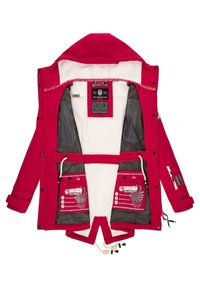 Červená nepromokavá bunda s kožešinovou podšívkou, nastavitelným stahovacím šňůrkou, dvěma bočními kapsami a vnitřními síťovanými kapsami s logy.